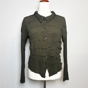 BABETTE Women’s Size S Olive Green Crinkle Crystal Pleated Long Sleeve Shirt